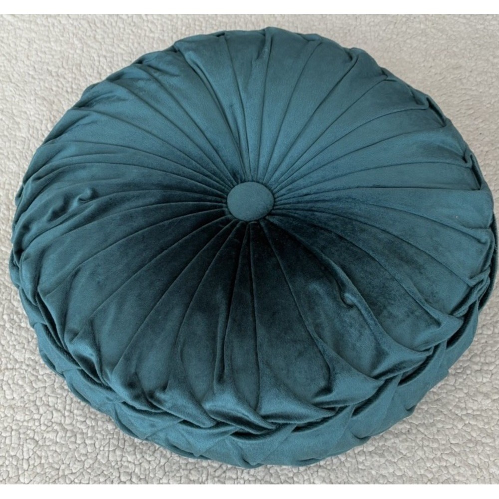 Round Velvet Throw Pillow Pumpkin Teal Blue Green Tufted Pleated Cushion Decor - Picture 4 of 16